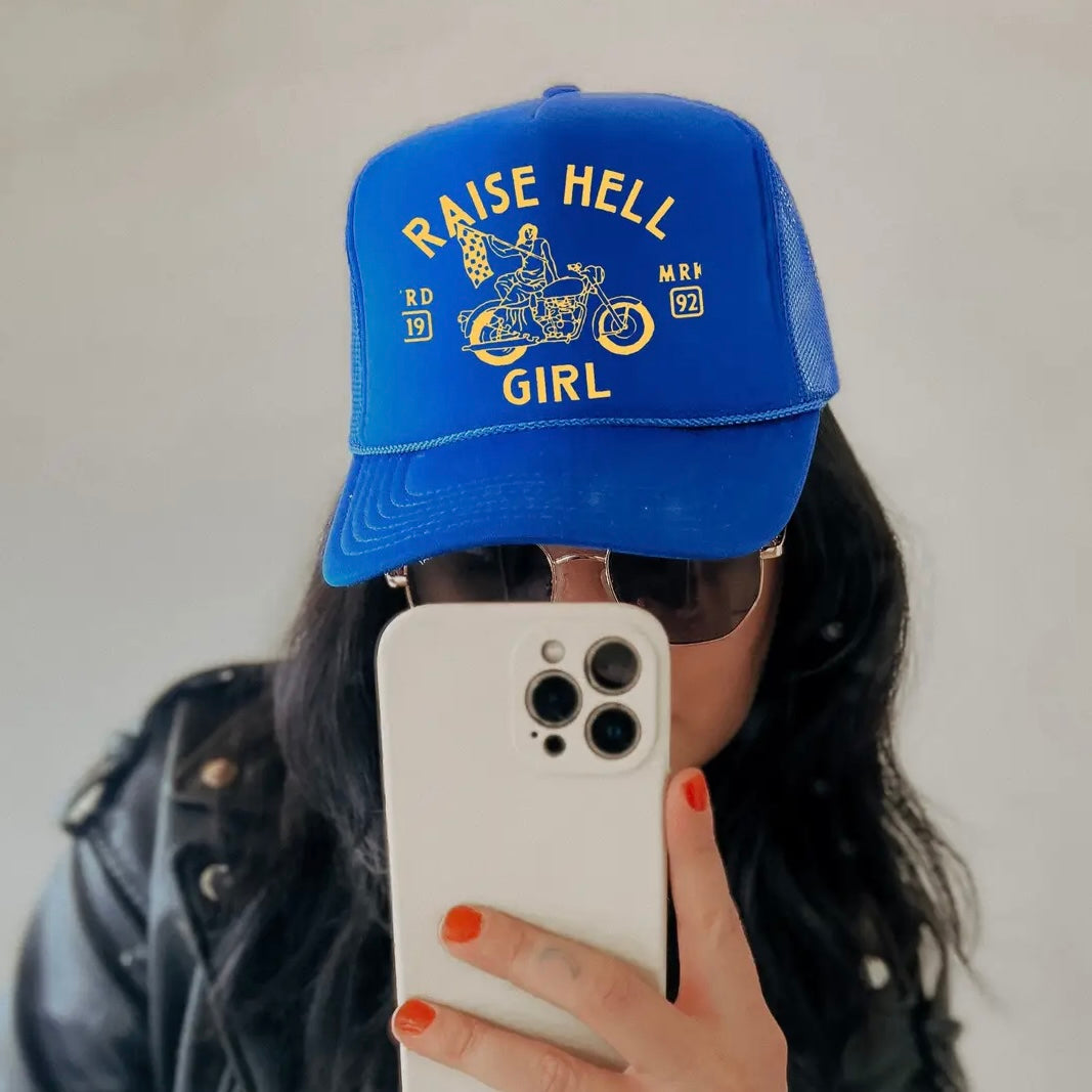 Raise Hell Girl Feminist Trucker Hat - Royal Blue