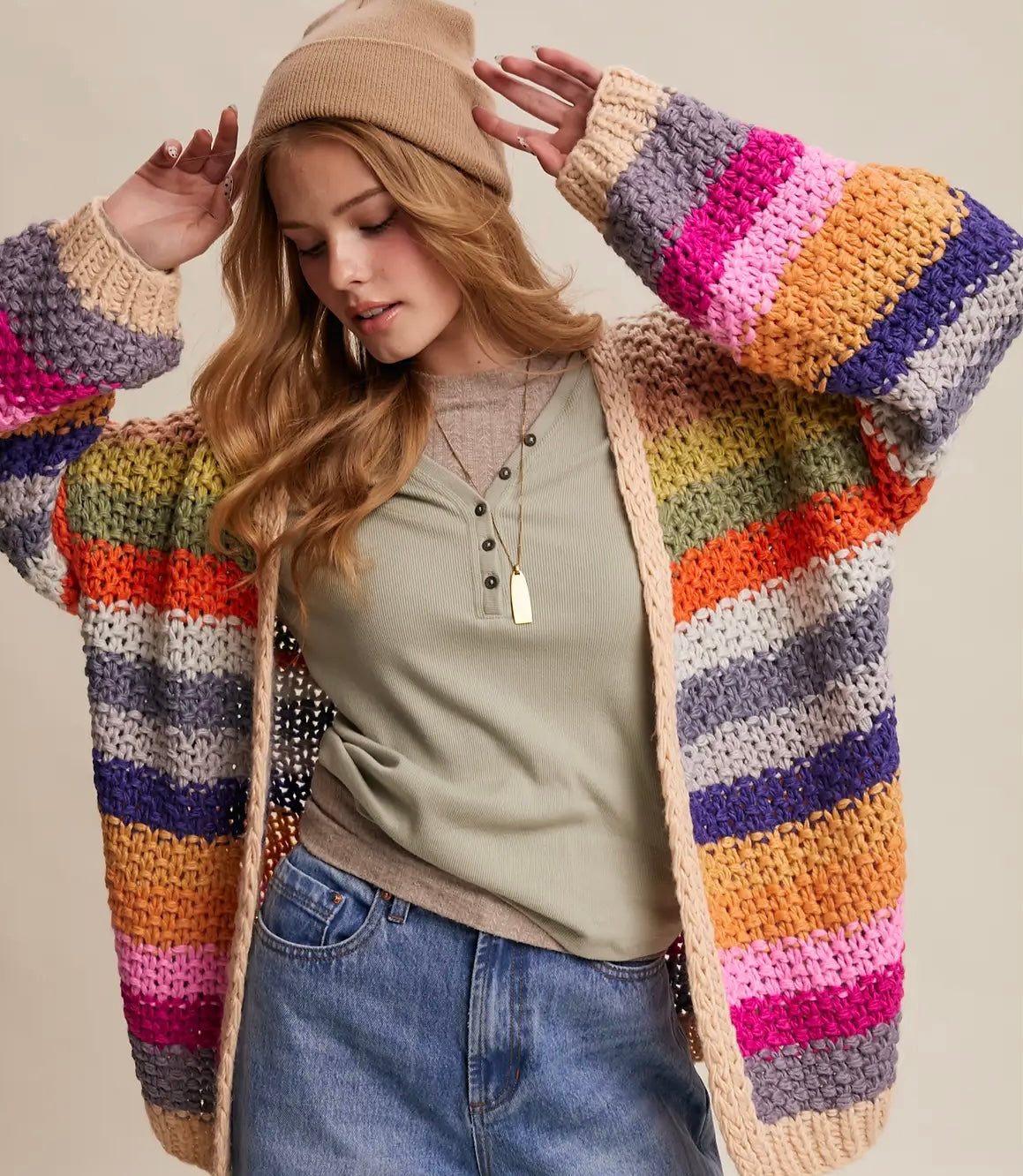 Hand-Crochet Rainbow Open Cardigan