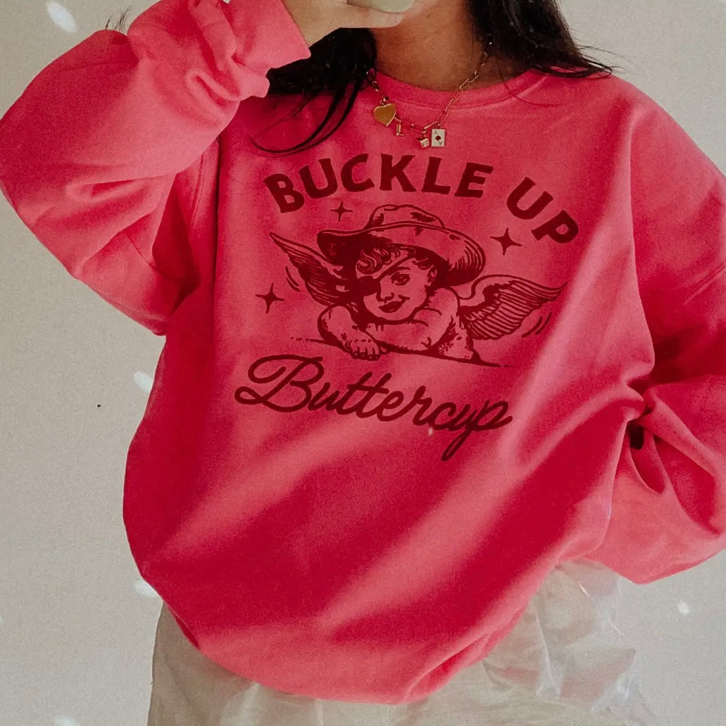 Buckle Up Buttercup Western Graphic Sweatshirt - Neon Pink