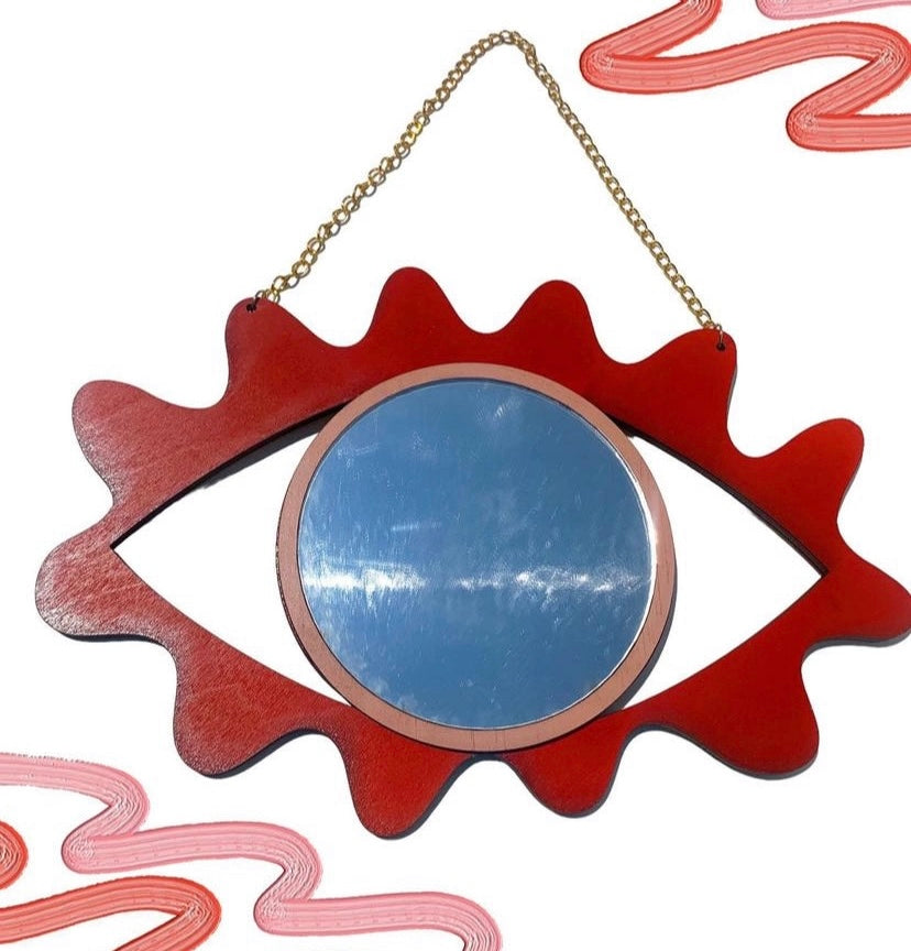 Evil Eye Wooden Mirror Red + Pink