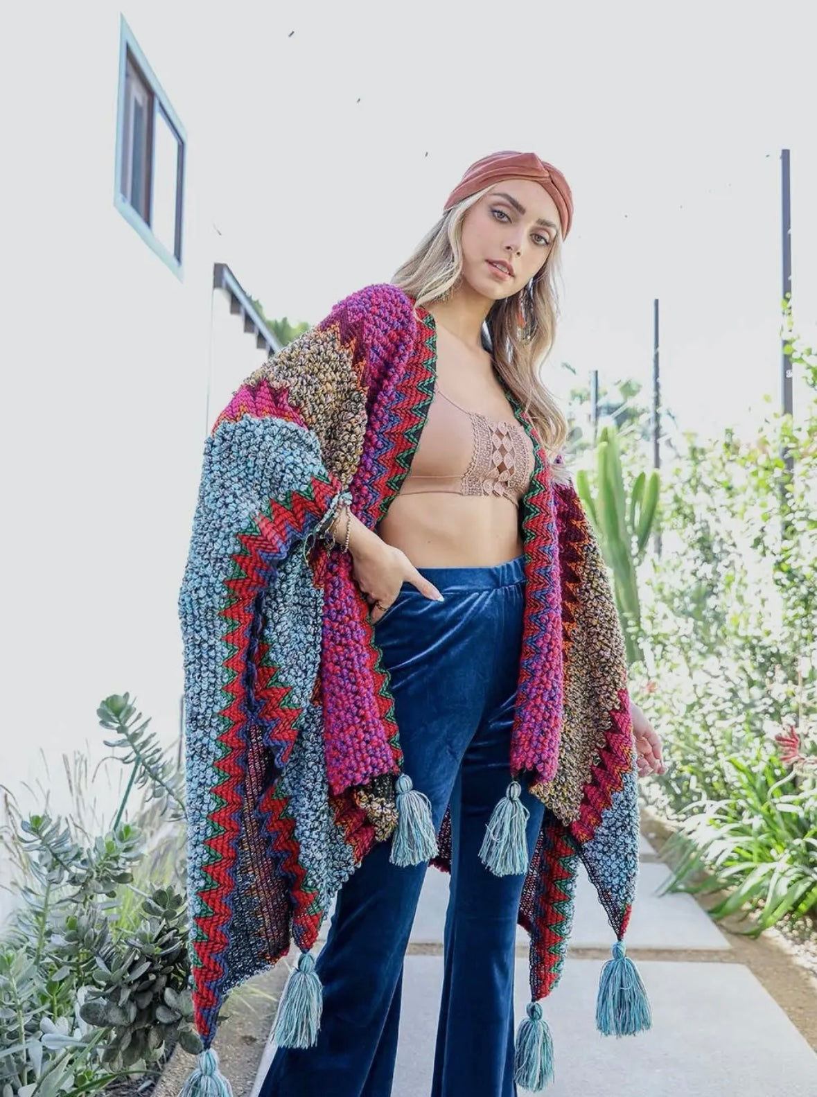 Colorful Crochet Patterned Ruana - Indigo