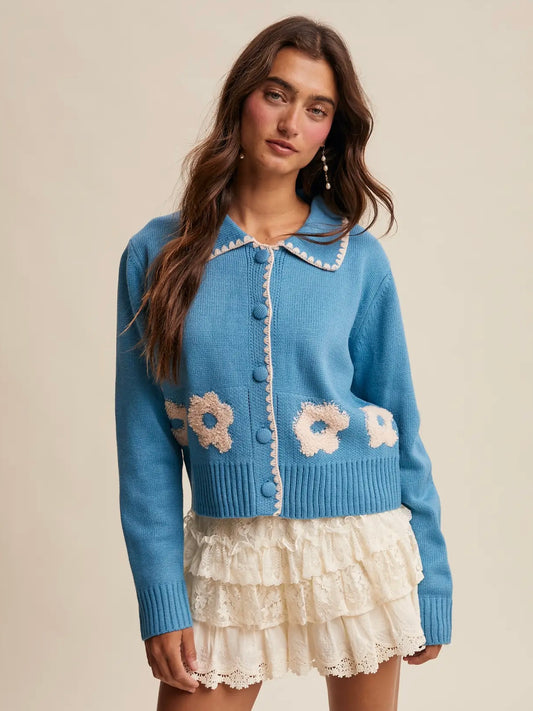 Groovy Knit Button Up Sweater - Blue