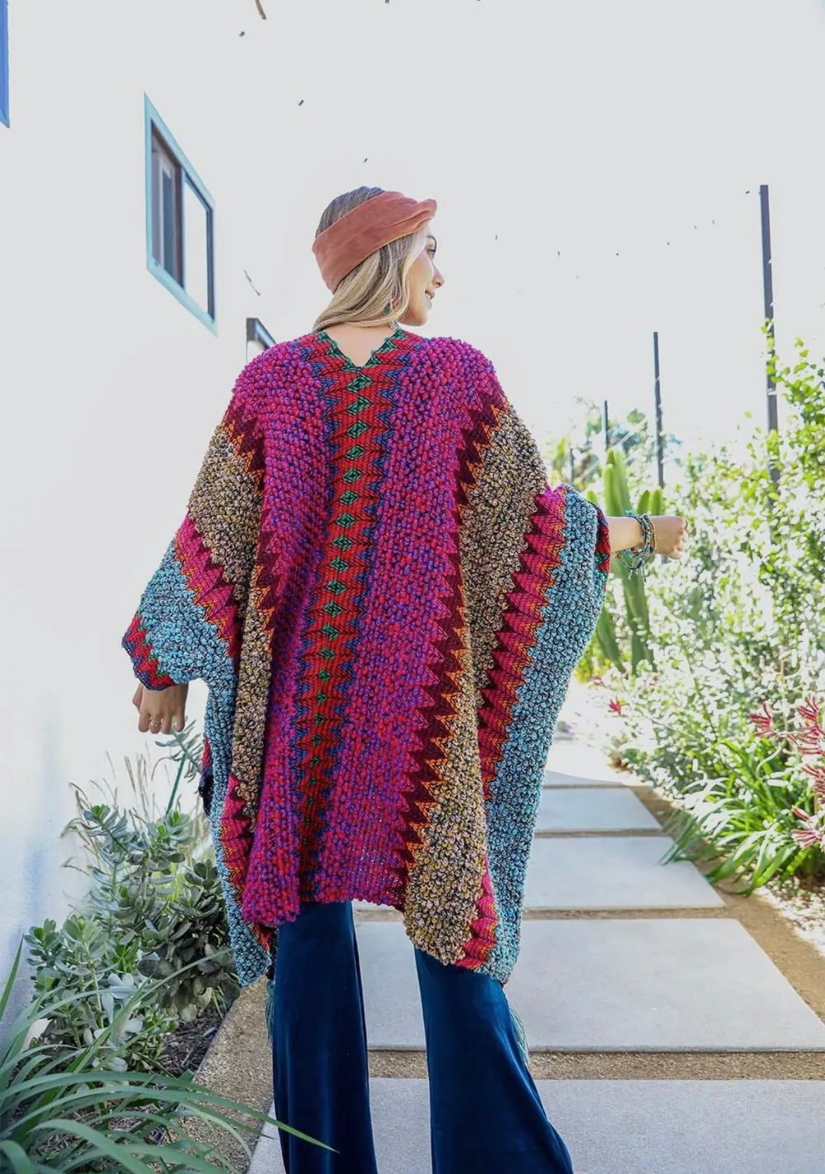 Colorful Crochet Patterned Ruana - Indigo