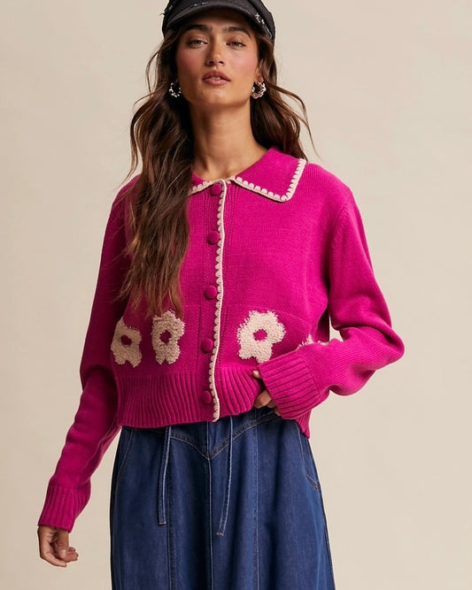Groovy Knit Button Up Sweater -  Pink