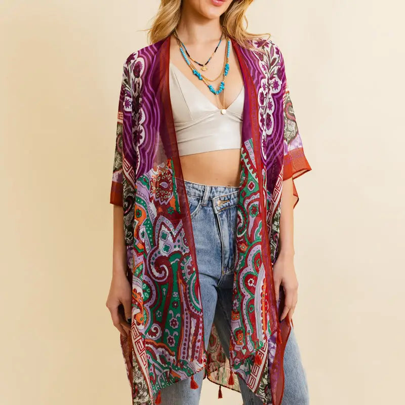 Paisley Sheer Kimono - Maroon