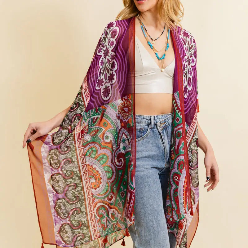 Paisley Sheer Kimono - Maroon