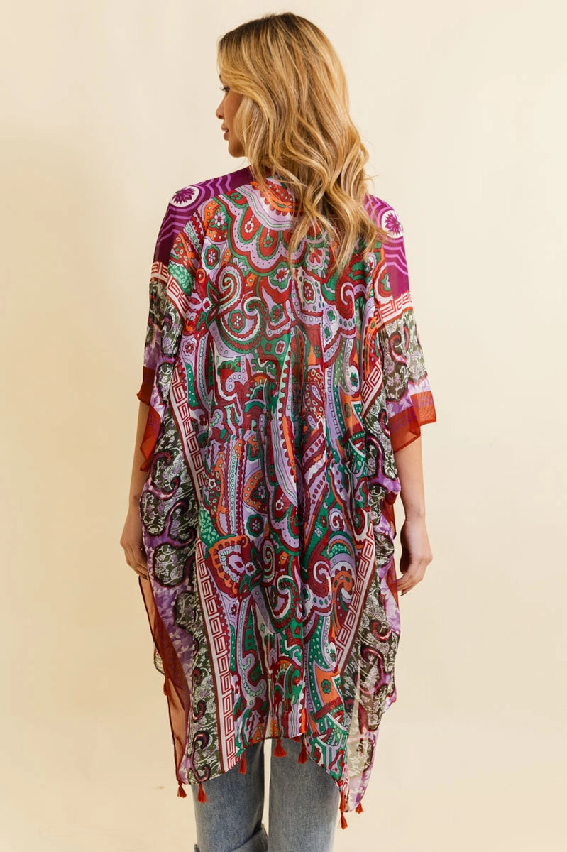 Paisley Sheer Kimono - Maroon