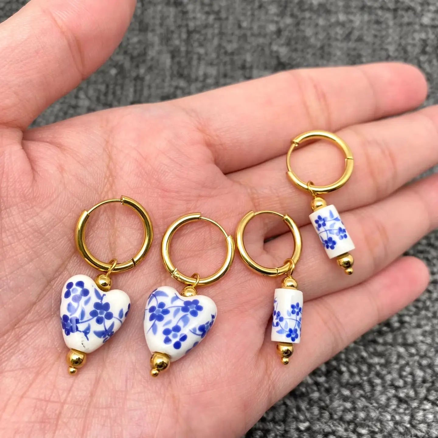 Blue and White Porcelain Huggie Earrings - Heart