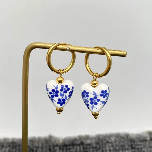 Blue and White Porcelain Huggie Earrings - Heart