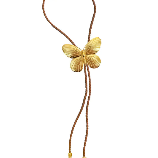 Gold Butterfly Bolo With Brown Leather