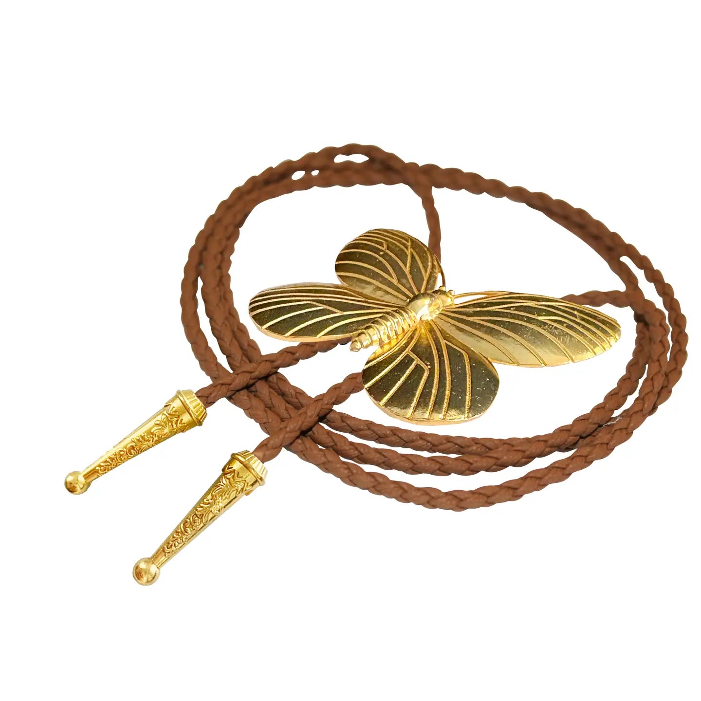 Gold Butterfly Bolo With Brown Leather