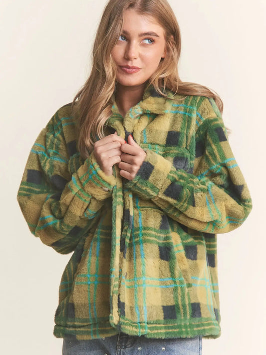 Fuzzy Plaid Button Up Jacket
