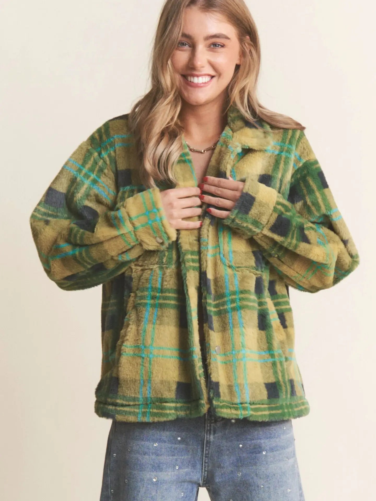 Fuzzy Plaid Button Up Jacket