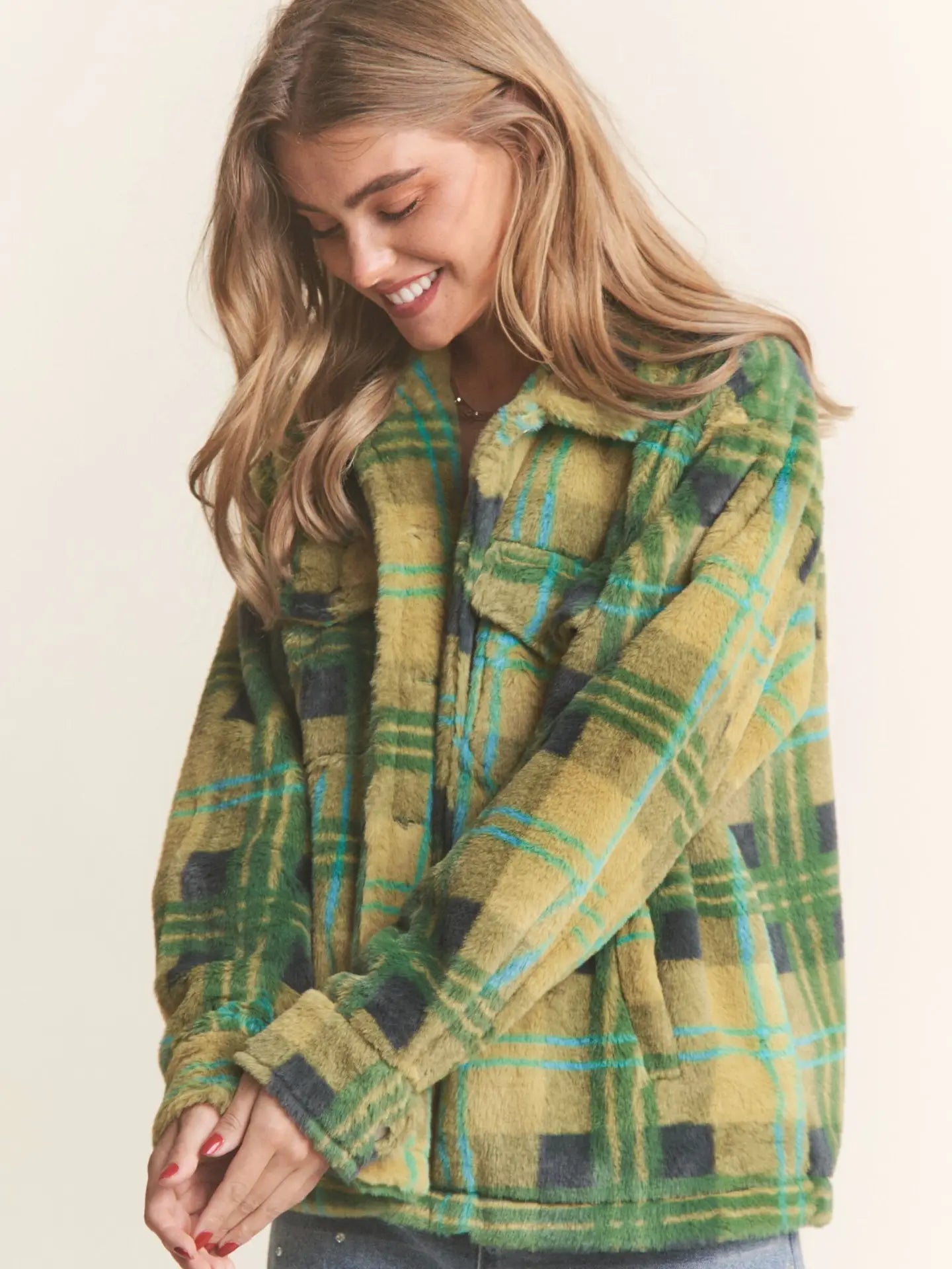 Fuzzy Plaid Button Up Jacket