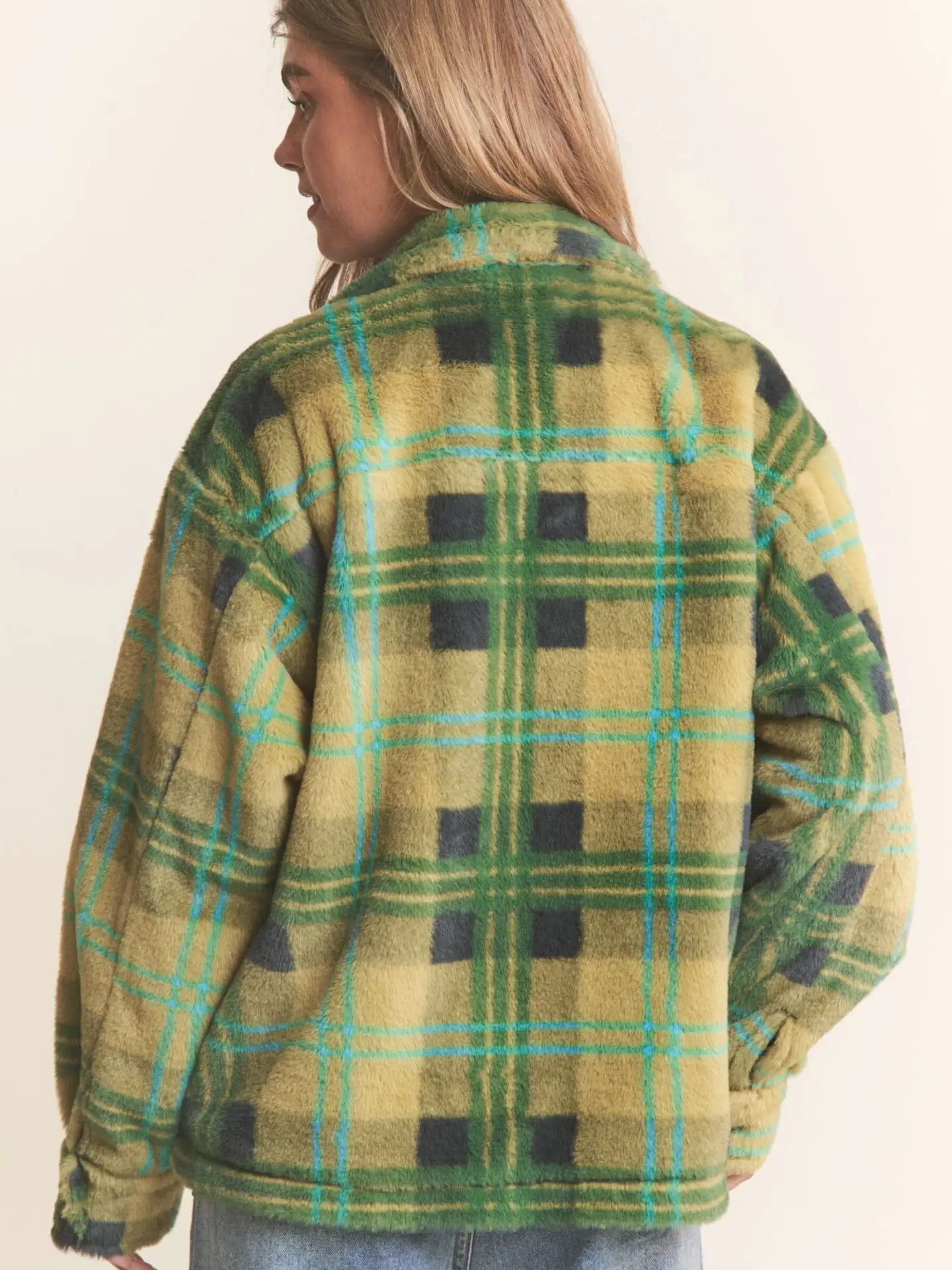 Fuzzy Plaid Button Up Jacket