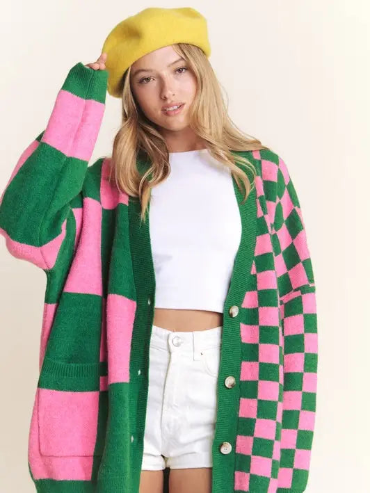 Oversized Pink & Green Checkered Cardigan