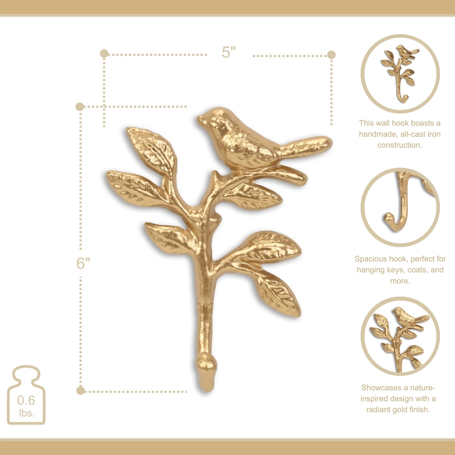 Golden Bird & Flower Cast Iron Wall Hook
