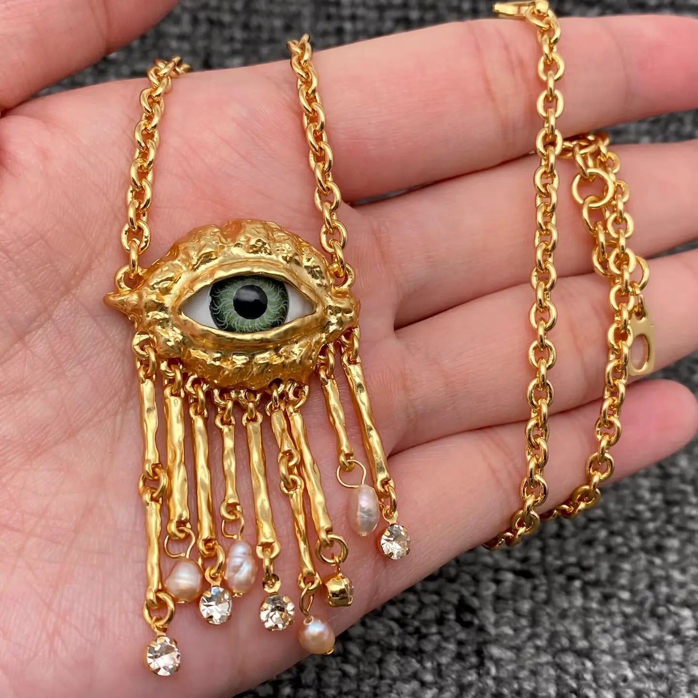 Evil Eye & Pearl Charm Dangle Necklace
