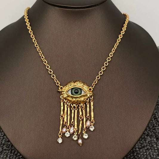 Evil Eye & Pearl Charm Dangle Necklace