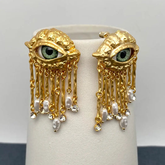 Evil Eye & Pearl Charm Dangle Earrings