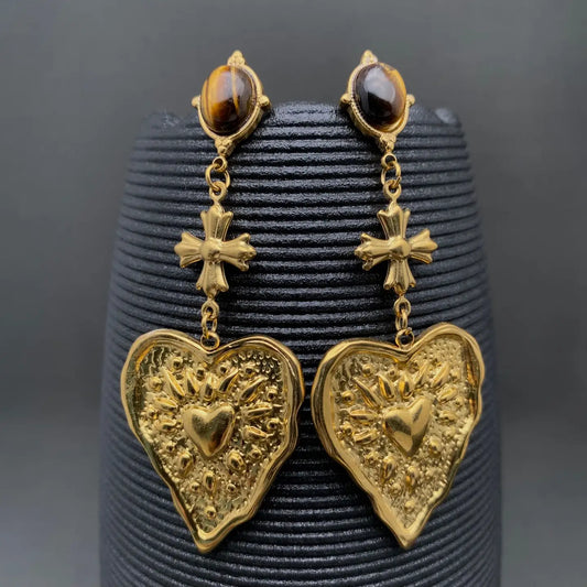 Tiger Eye Cross Heart Earrings