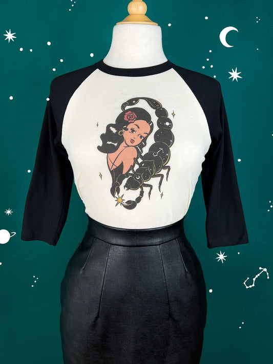 Scorpio Child 3/4 Raglan Cropped Baby Tee By Mischief Made