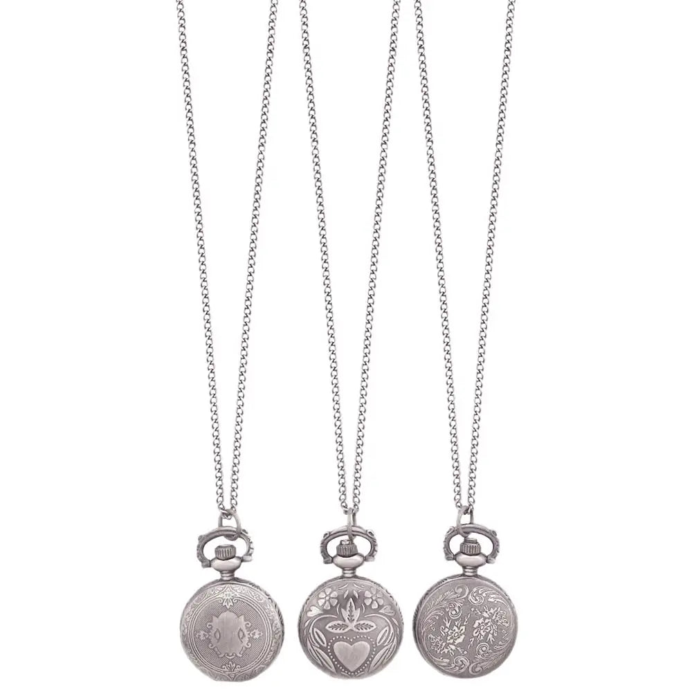 Antiqued Long Pocket Watch Necklace - Silver