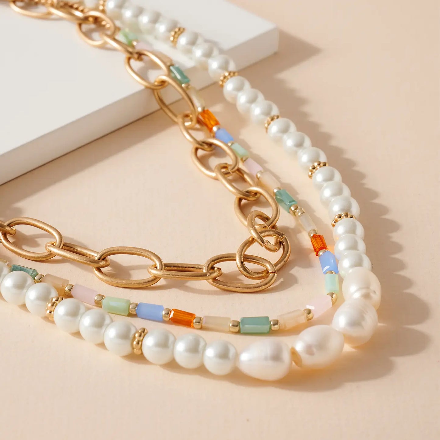 Pearl Gold Chain + Glass Bead Neckalce