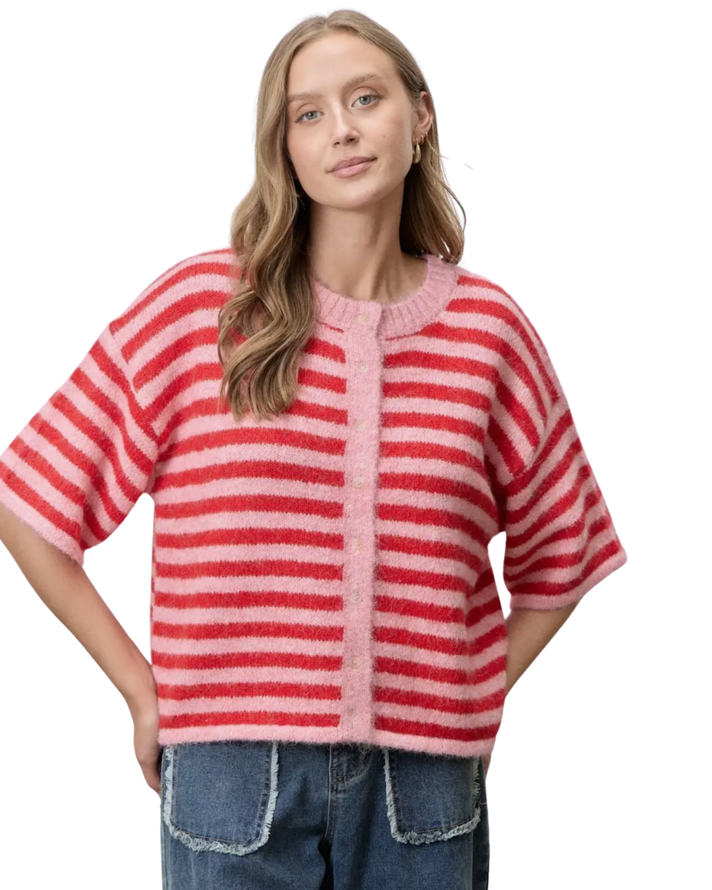 Oversized Short Sleeve Cardigan - Red + Pink.