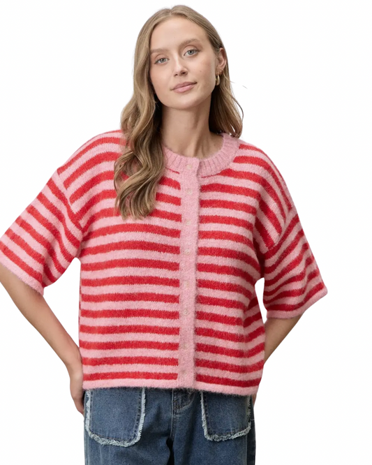 Oversized Short Sleeve Cardigan - Red + Pink.