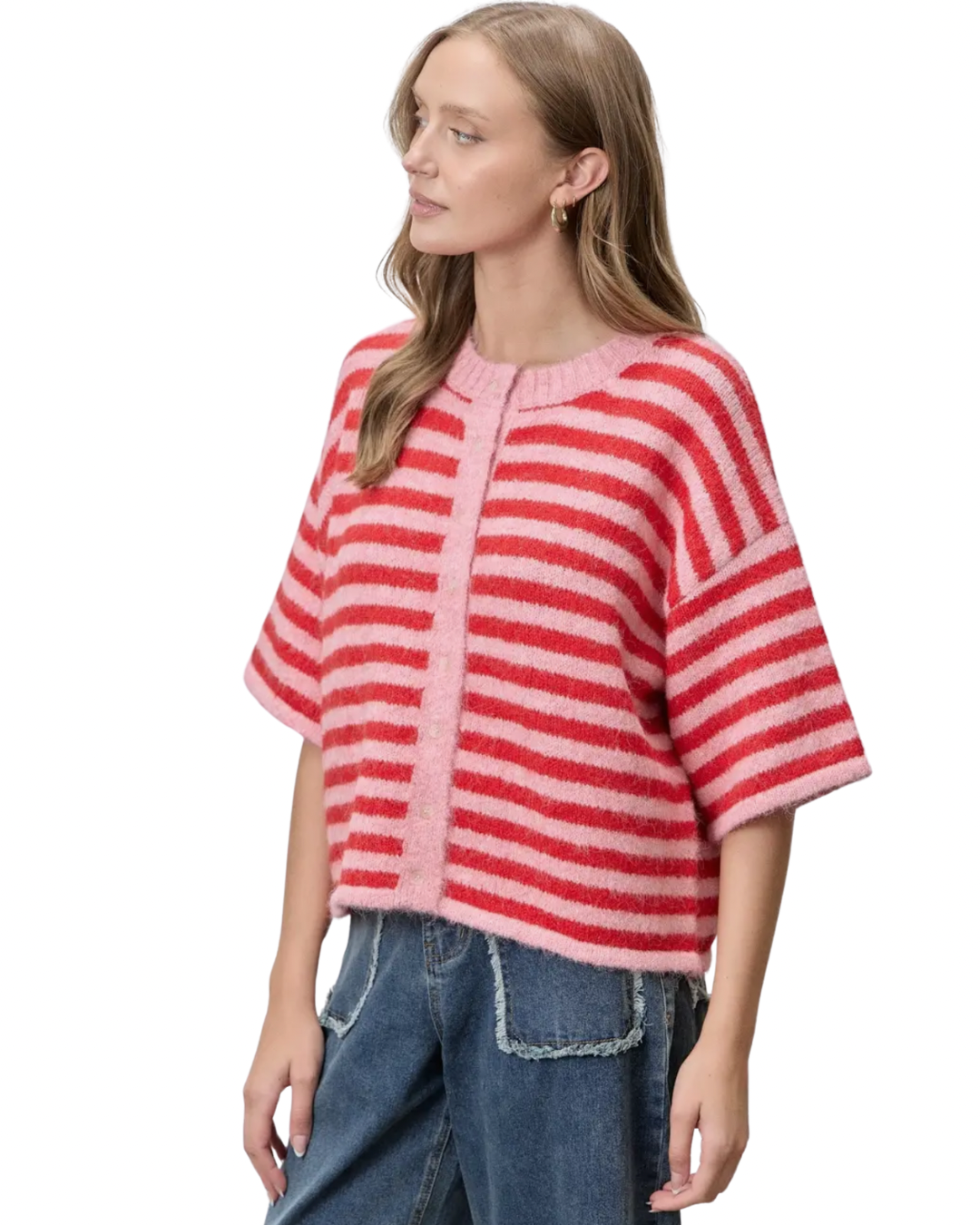 Oversized Short Sleeve Cardigan - Red + Pink.