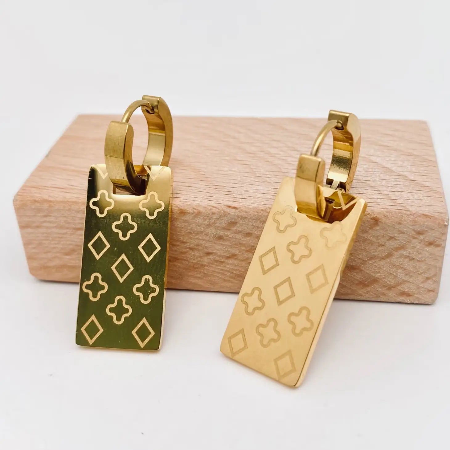 Rectangular Printed Pattern 18K Gold Plated Huggie Earrings.