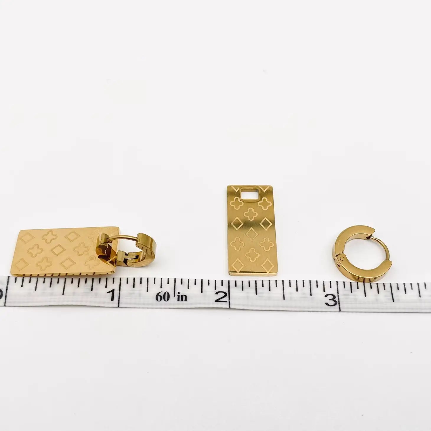 Rectangular Printed Pattern 18K Gold Plated Huggie Earrings.