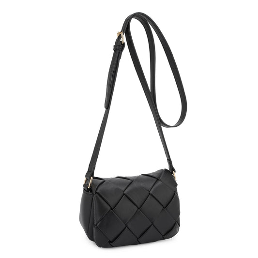 Emily Mini Woven Flap Crossbody Bag - Black