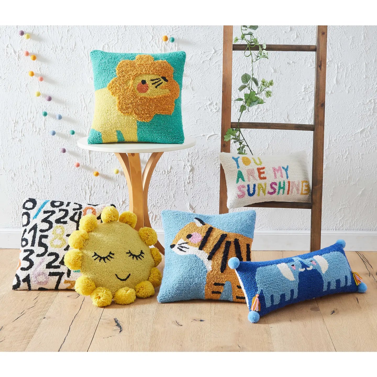 Sunshine Hook Pillow W/Pom Poms