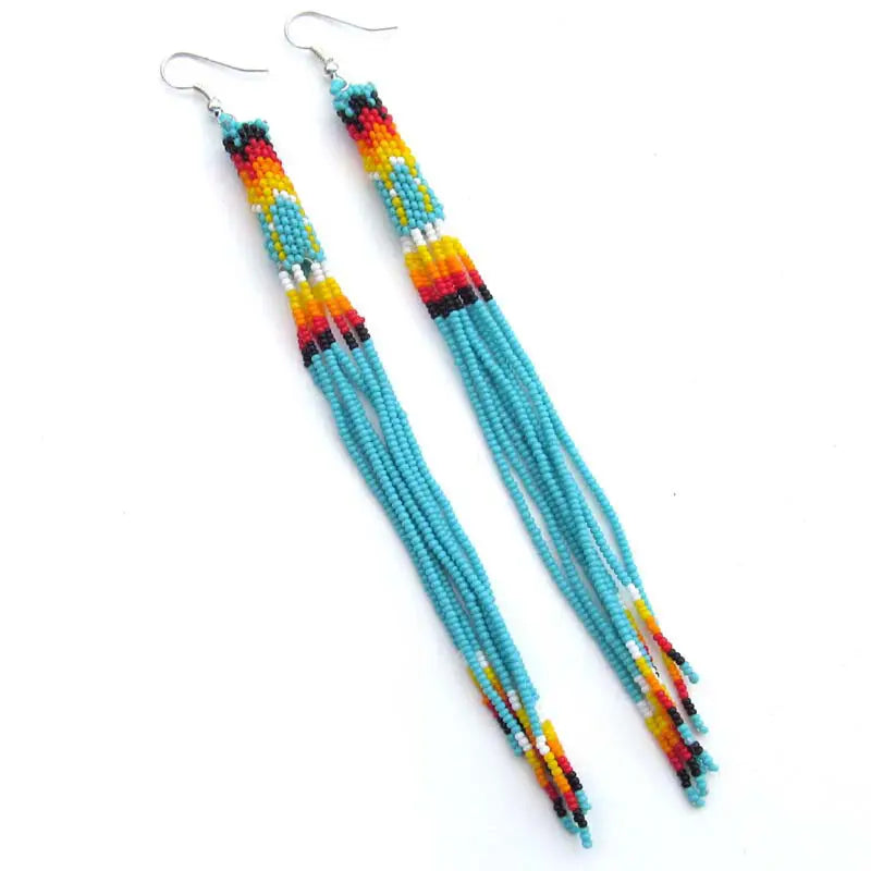 Turquoise Green Glass Seed Beaded Extra Long Earrings