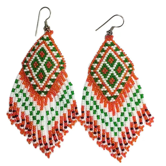 Orange Green White Beaded Geometric Earrings