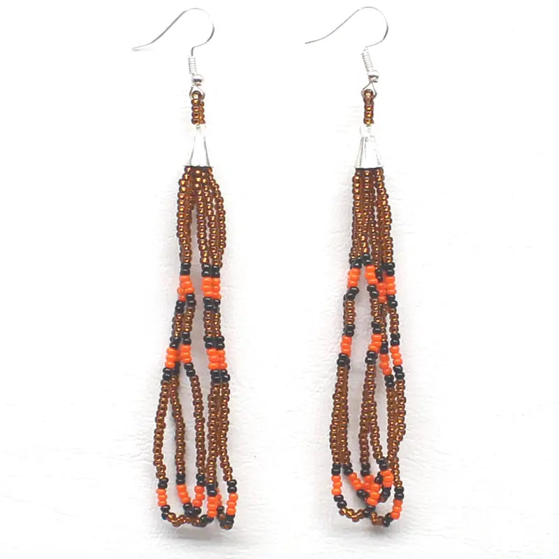 Handmade Beaded Long Copper Orange Hook Earrings