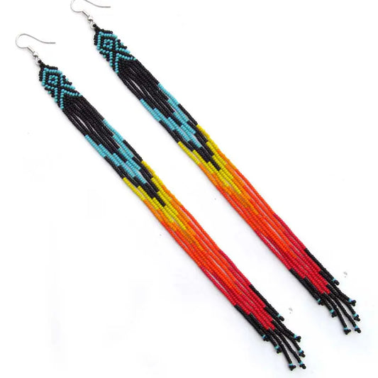 Black Fire Color Glass Seed Beaded Extra Long Earrings