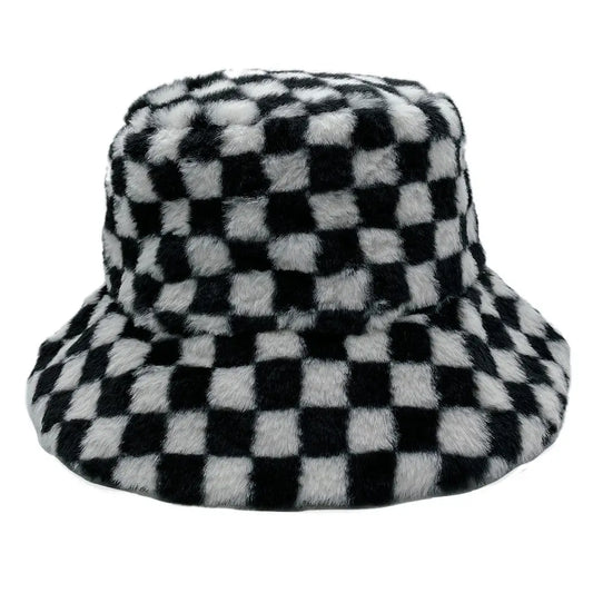 Checkered Printed Faux Fur Bucket Hat