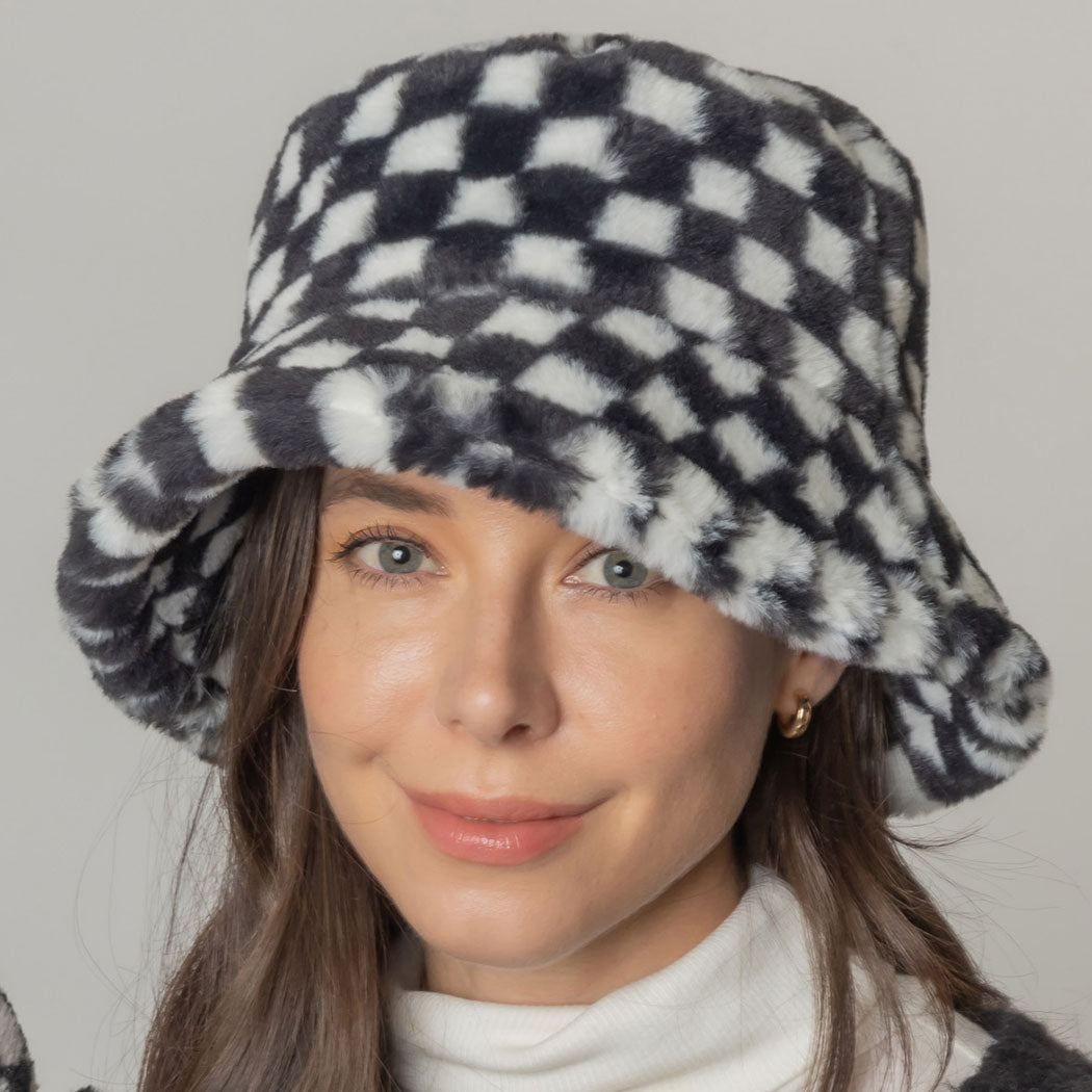 Checkered Printed Faux Fur Bucket Hat