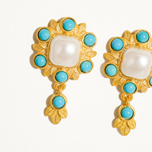 Marcella 18K Gold Boho Pearl Earring with Turquoise Stone