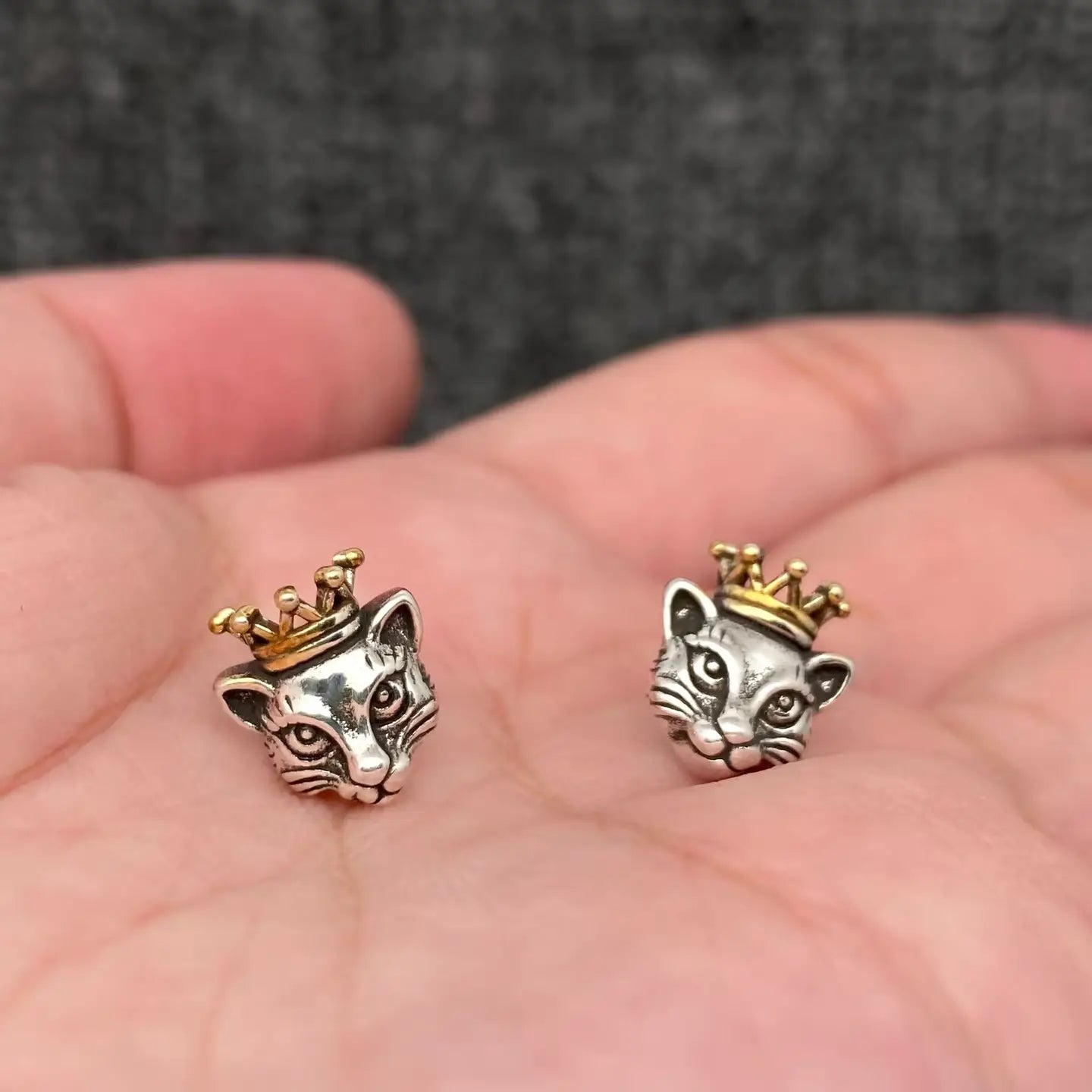 Cats with Crown Silver Plated Ear Studs