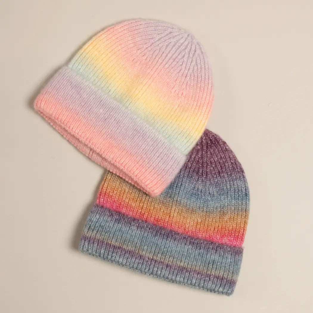 Gradient Ribbed Cuff Knit Beanie Hat - Deep Rainbow