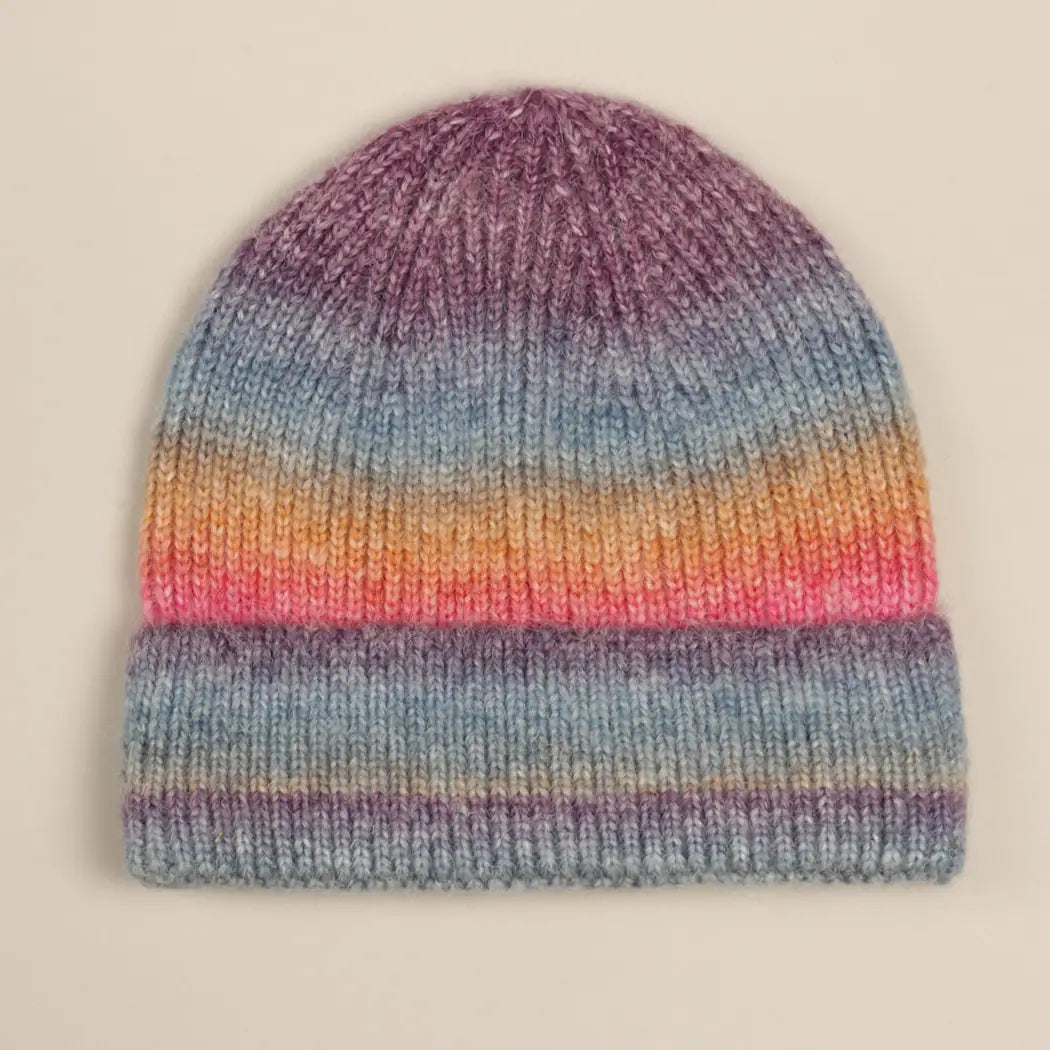 Gradient Ribbed Cuff Knit Beanie Hat - Deep Rainbow