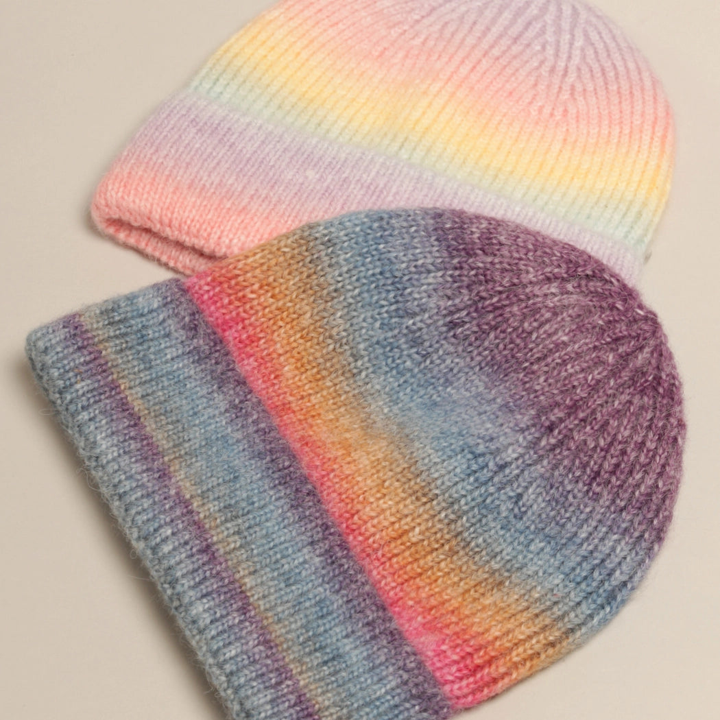 Gradient Ribbed Cuff Knit Beanie Hat - Deep Rainbow