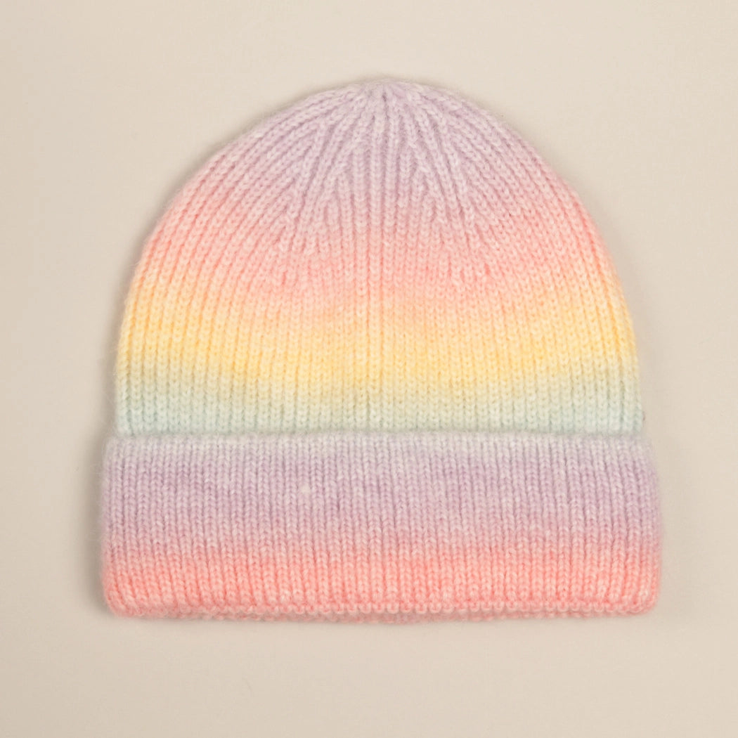 Gradient Ribbed Cuff Knit Beanie Hat - Pastel Rainbow