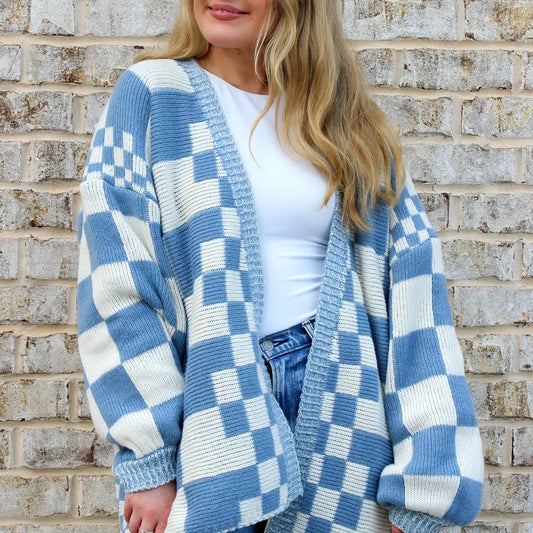 Oversized Checkered Cardigan/Sweater - Blue