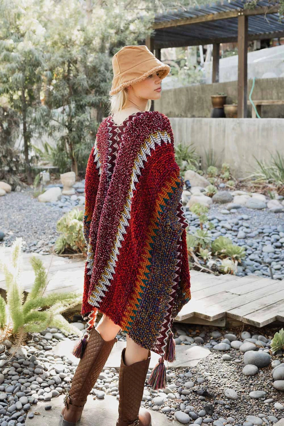 Colorful Crochet Patterned Ruana - Maroon