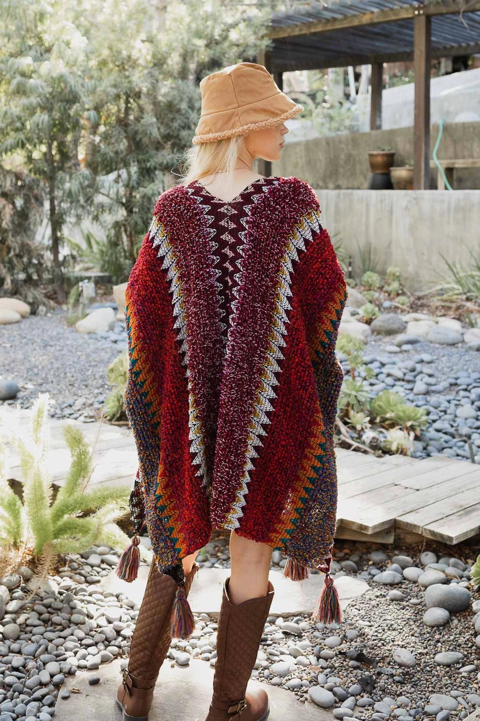 Colorful Crochet Patterned Ruana - Maroon